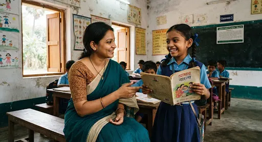 A teacher and student reading together in a classroom. Representative of learning materials, not a photograph of the planned library.