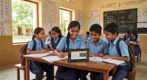 Students at a shared classroom desk with notebooks and a tablet. Representative classroom image, not a photograph of D.S. Genius Public School.